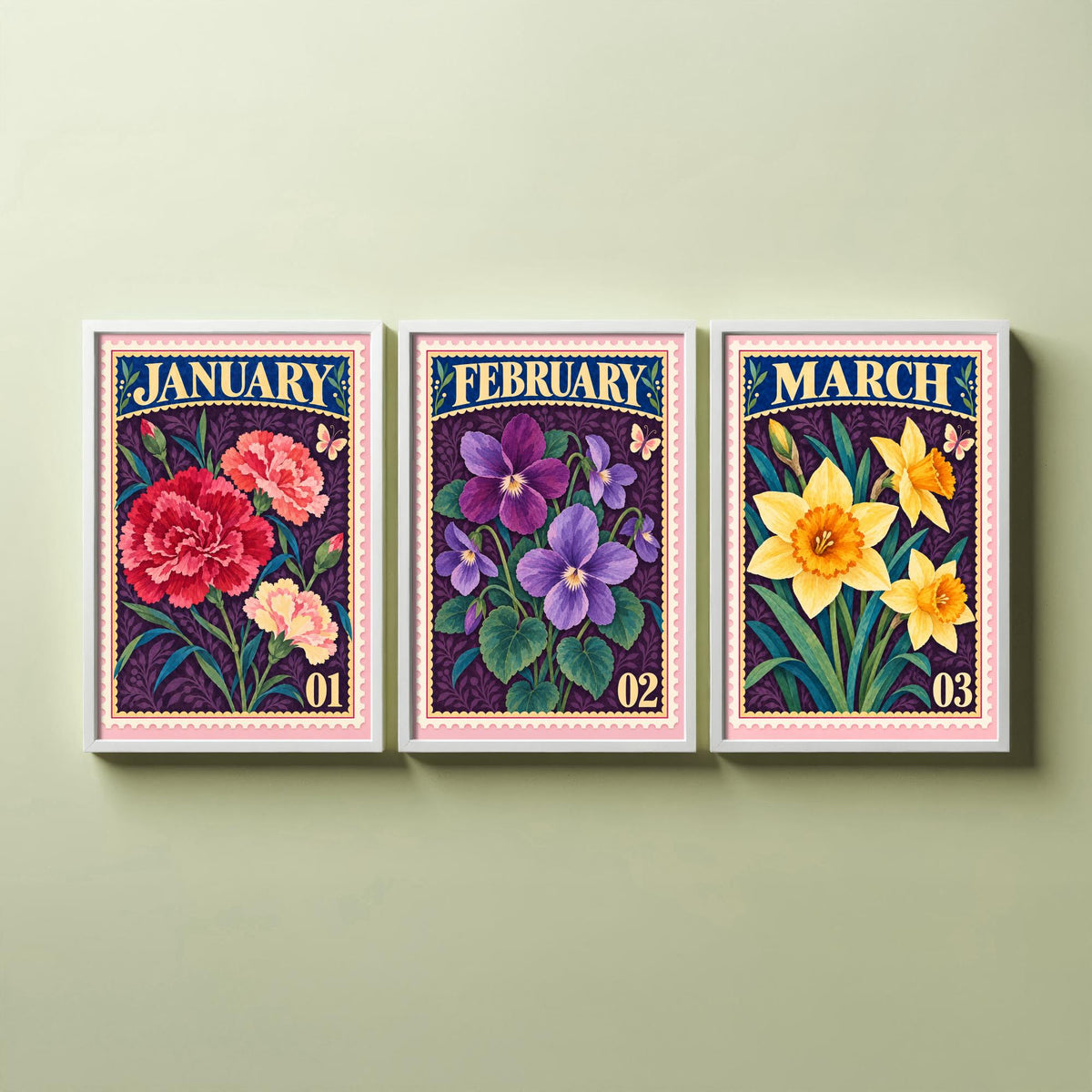 January to March Birth Flower Set of Three Art Prints - Carnation, Violet, Daffodil - Vintage Postage Stamp Botanical Illustration Posters