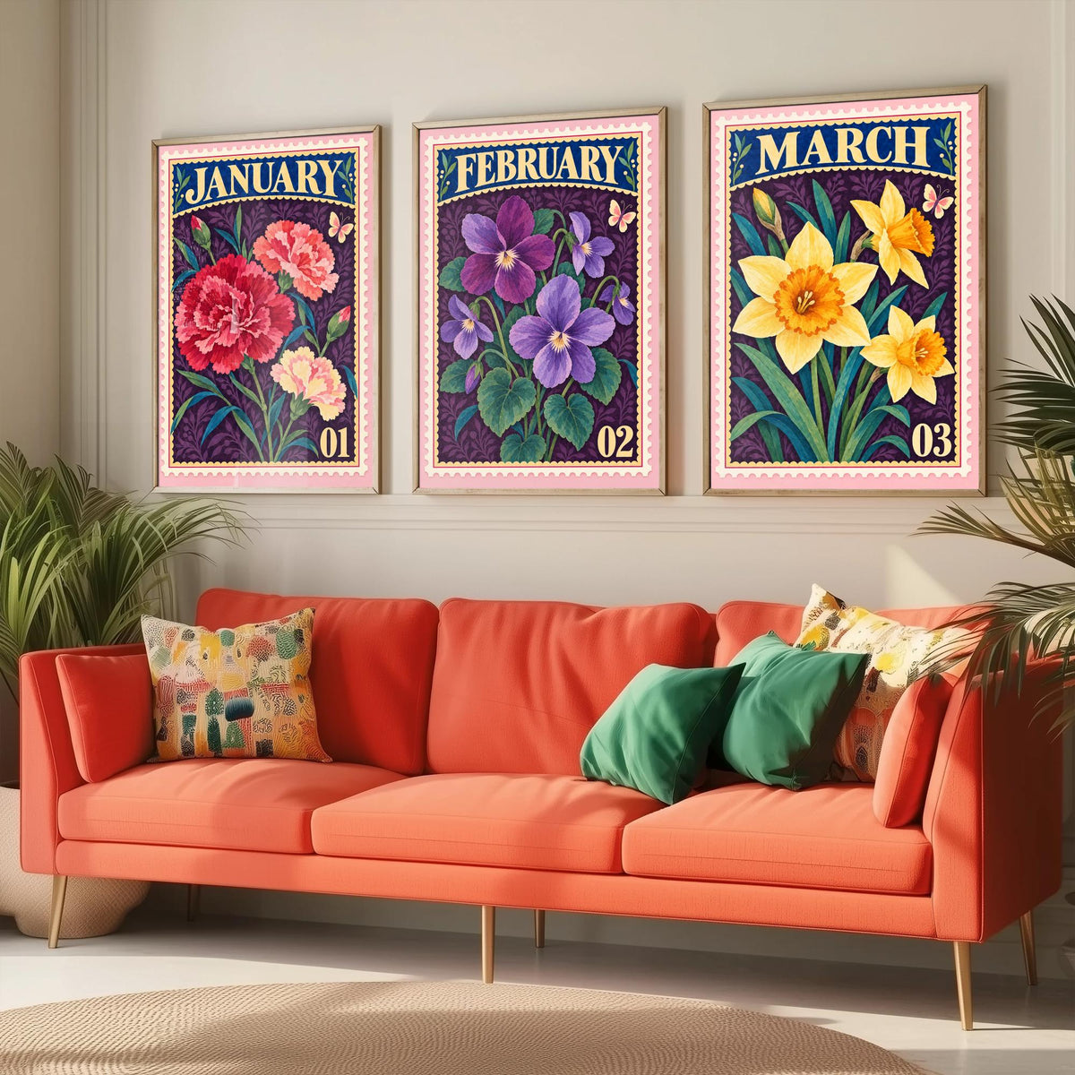January to March Birth Flower Set of Three Art Prints - Carnation, Violet, Daffodil - Vintage Postage Stamp Botanical Illustration Posters