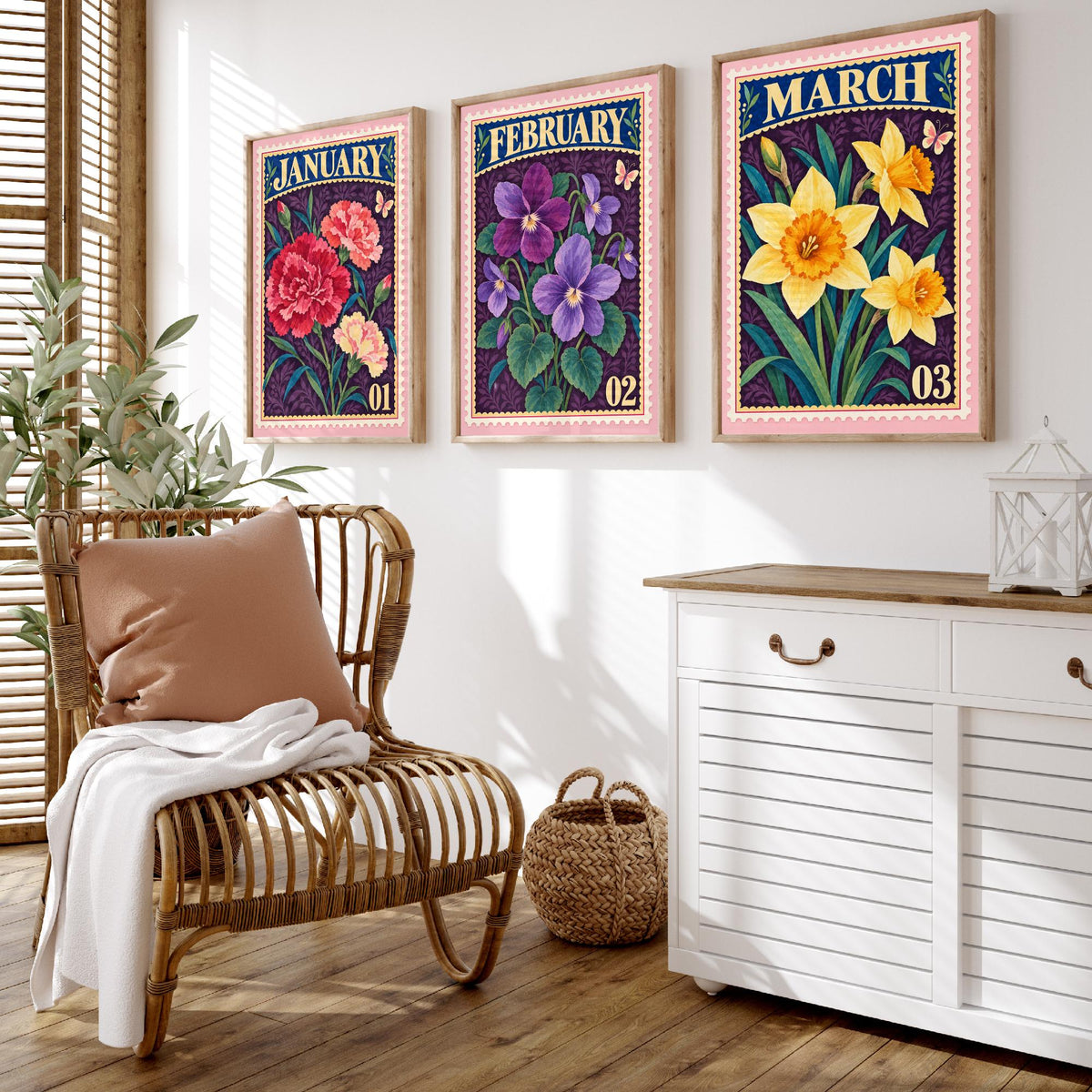 January to March Birth Flower Set of Three Art Prints - Carnation, Violet, Daffodil - Vintage Postage Stamp Botanical Illustration Posters