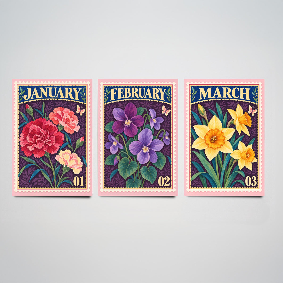January to March Birth Flower Set of Three Art Prints - Carnation, Violet, Daffodil - Vintage Postage Stamp Botanical Illustration Posters