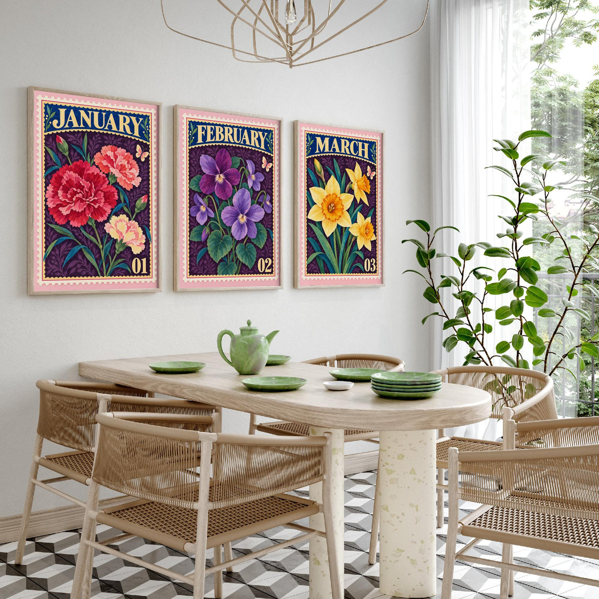 January to March Birth Flower Set of Three Art Prints - Carnation, Violet, Daffodil - Vintage Postage Stamp Botanical Illustration Posters