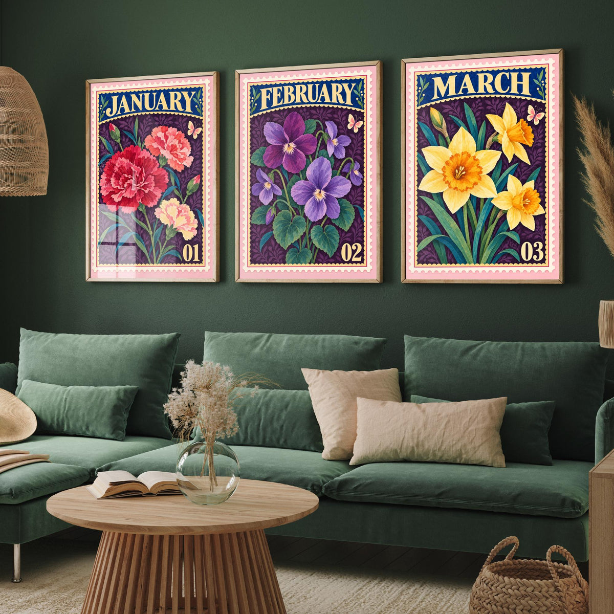 January to March Birth Flower Set of Three Art Prints - Carnation, Violet, Daffodil - Vintage Postage Stamp Botanical Illustration Posters