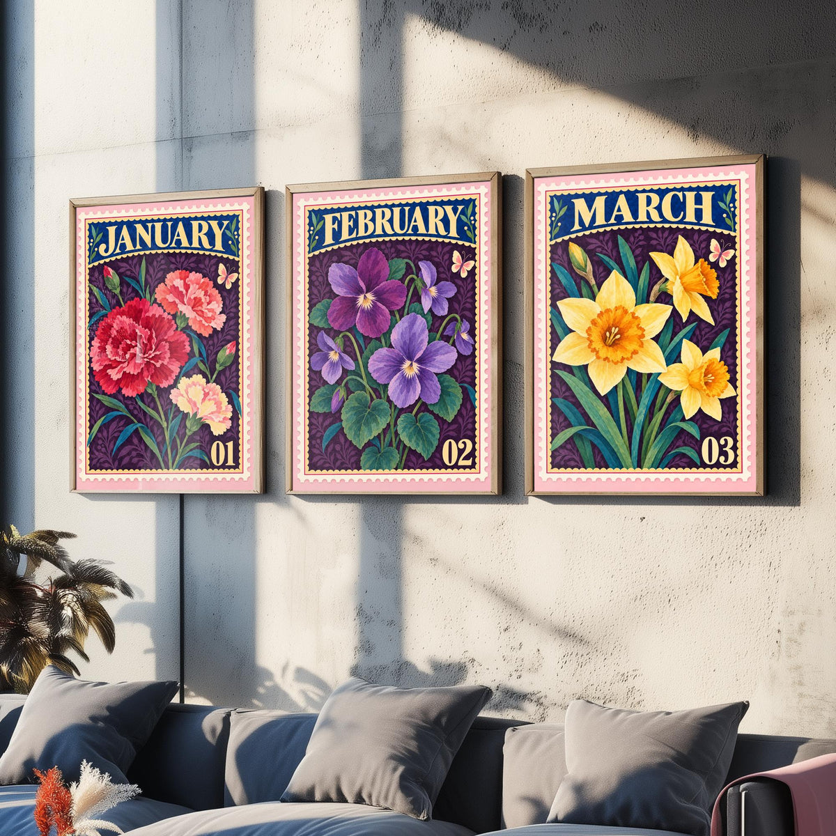 January to March Birth Flower Set of Three Art Prints - Carnation, Violet, Daffodil - Vintage Postage Stamp Botanical Illustration Posters