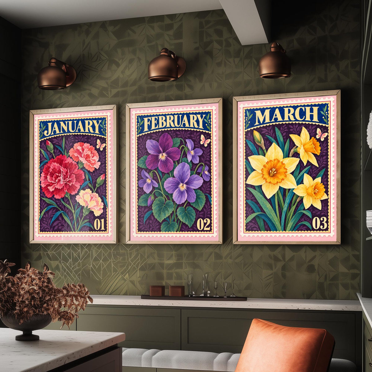 January to March Birth Flower Set of Three Art Prints - Carnation, Violet, Daffodil - Vintage Postage Stamp Botanical Illustration Posters