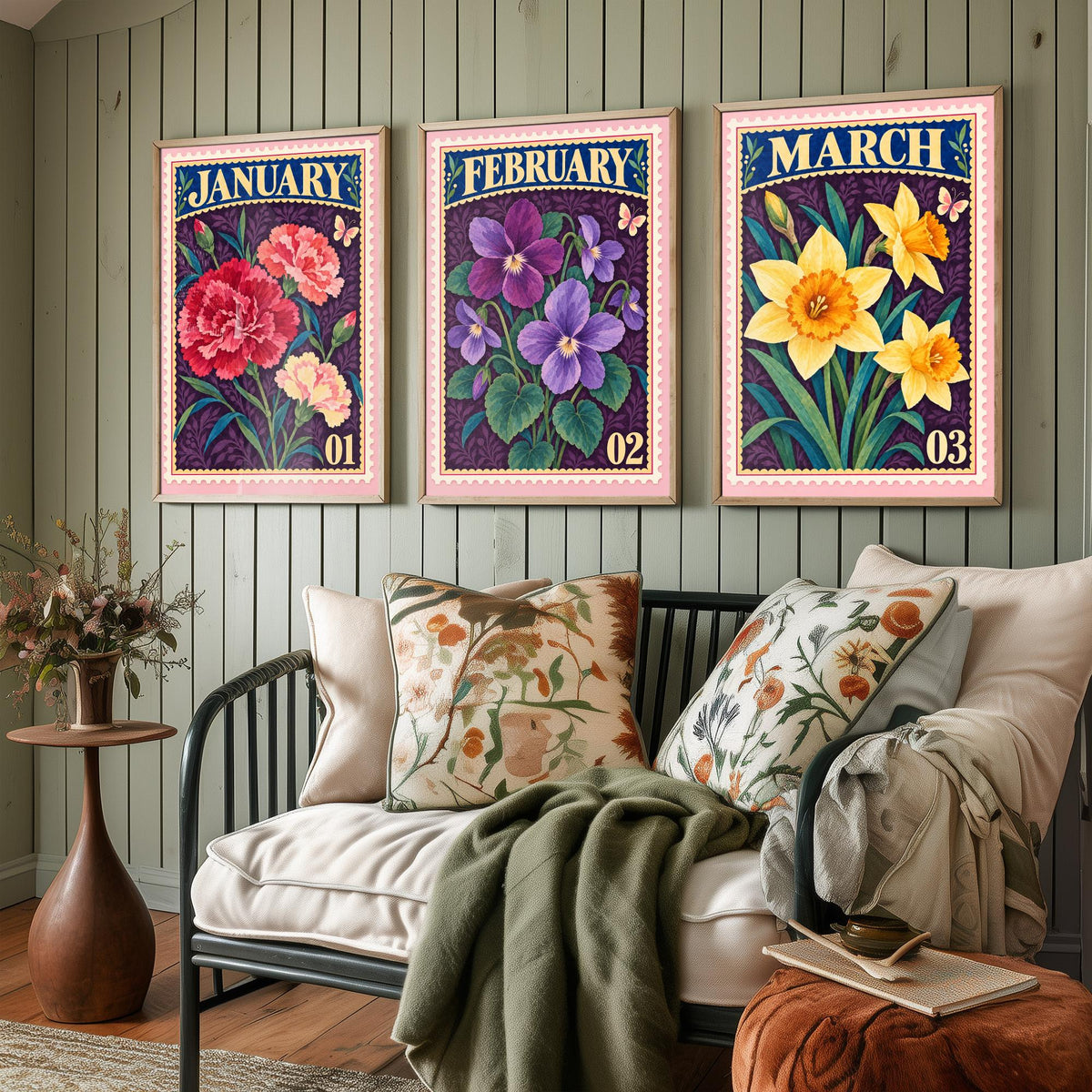 January to March Birth Flower Set of Three Art Prints - Carnation, Violet, Daffodil - Vintage Postage Stamp Botanical Illustration Posters
