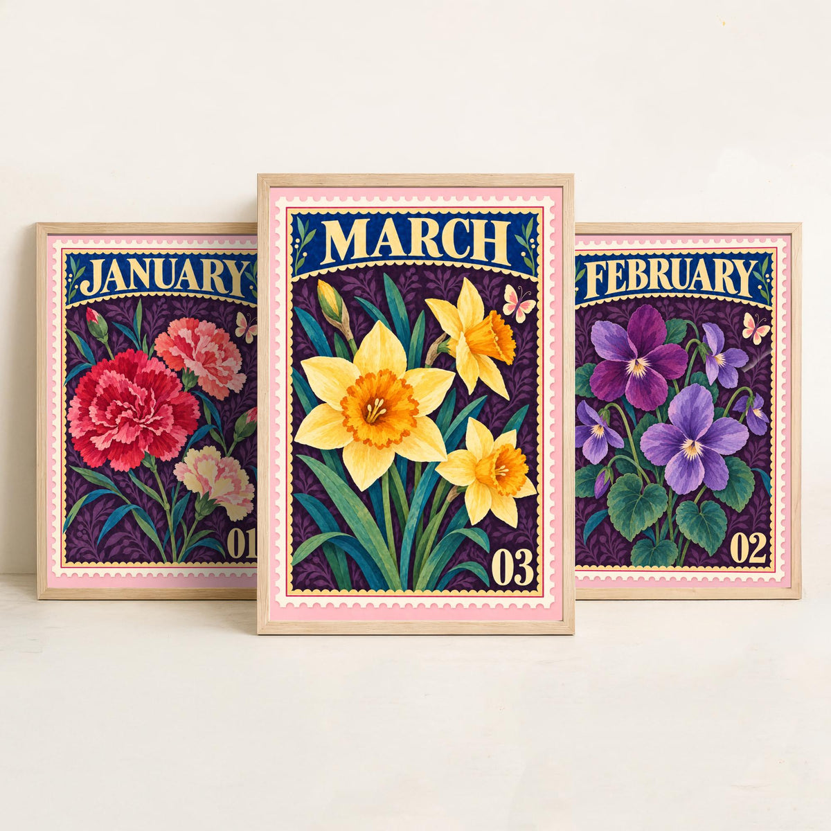 January to March Birth Flower Set of Three Art Prints - Carnation, Violet, Daffodil - Vintage Postage Stamp Botanical Illustration Posters