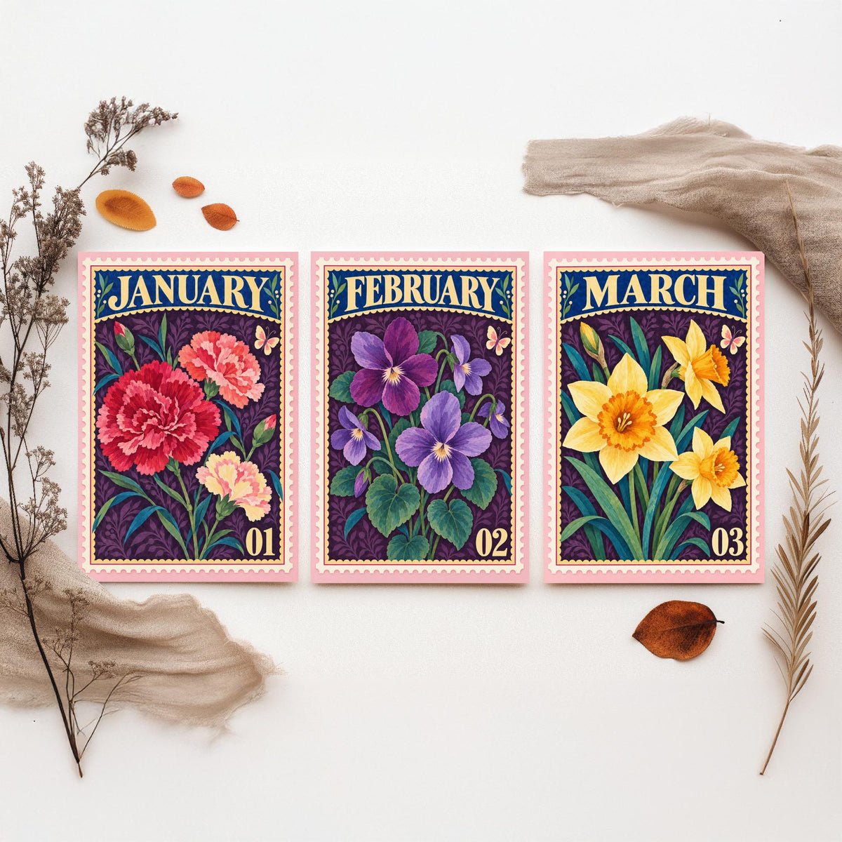 January to March Birth Flower Set of Three Art Prints - Carnation, Violet, Daffodil - Vintage Postage Stamp Botanical Illustration Posters