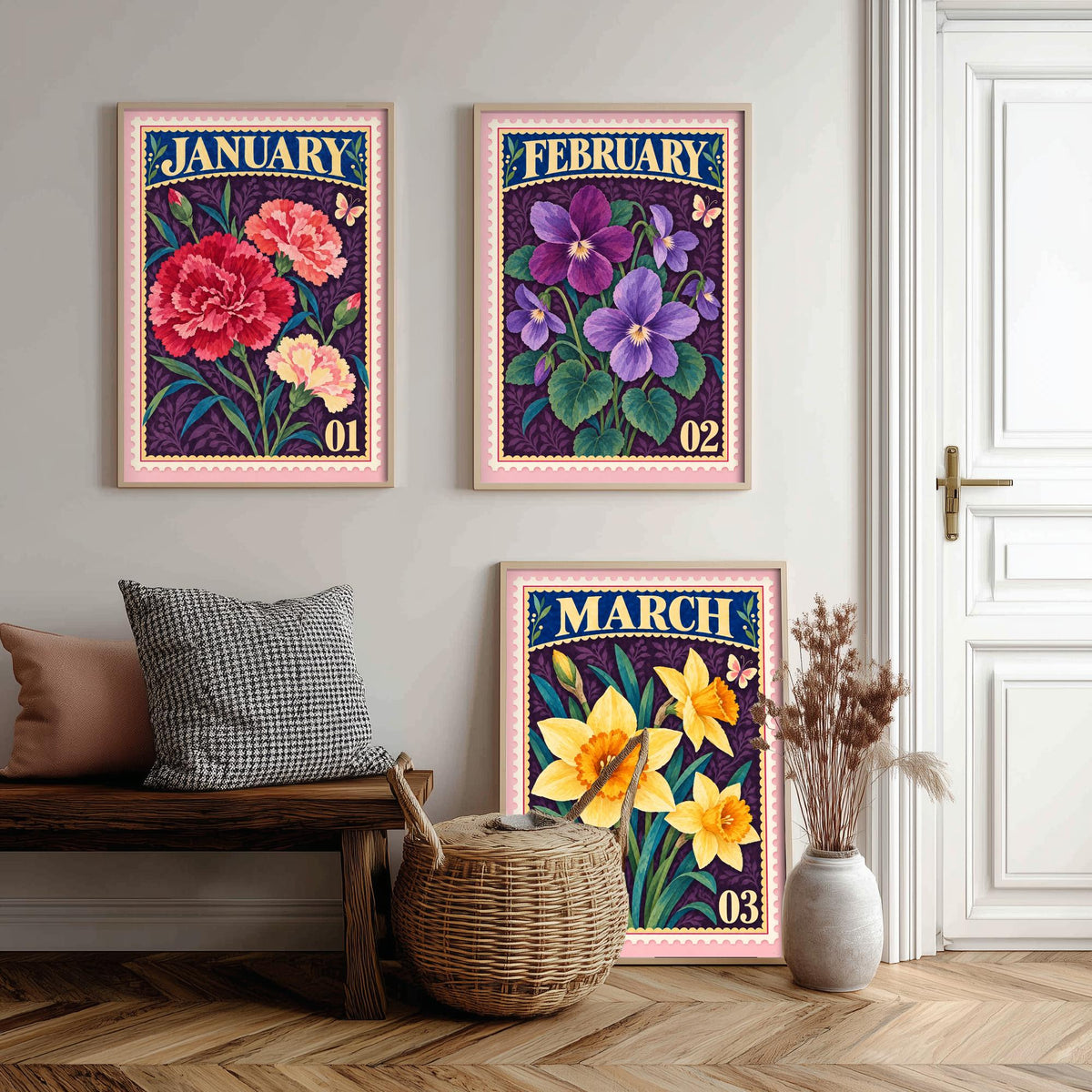 January to March Birth Flower Set of Three Art Prints - Carnation, Violet, Daffodil - Vintage Postage Stamp Botanical Illustration Posters