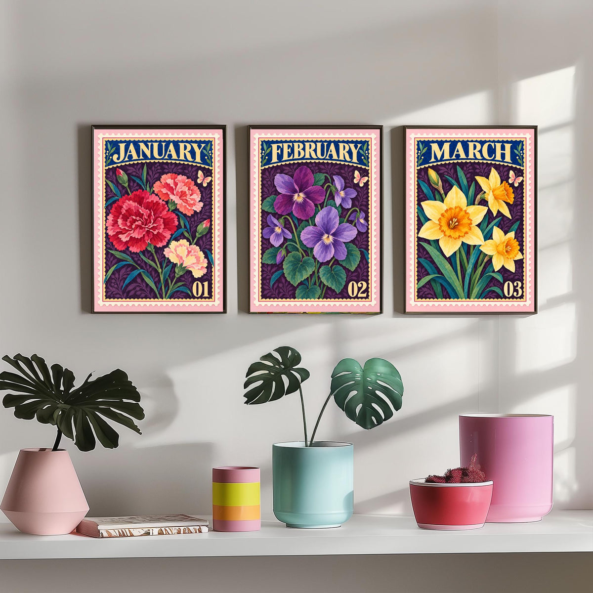 January to March Birth Flower Set of Three Art Prints - Carnation, Violet, Daffodil - Vintage Postage Stamp Botanical Illustration Posters