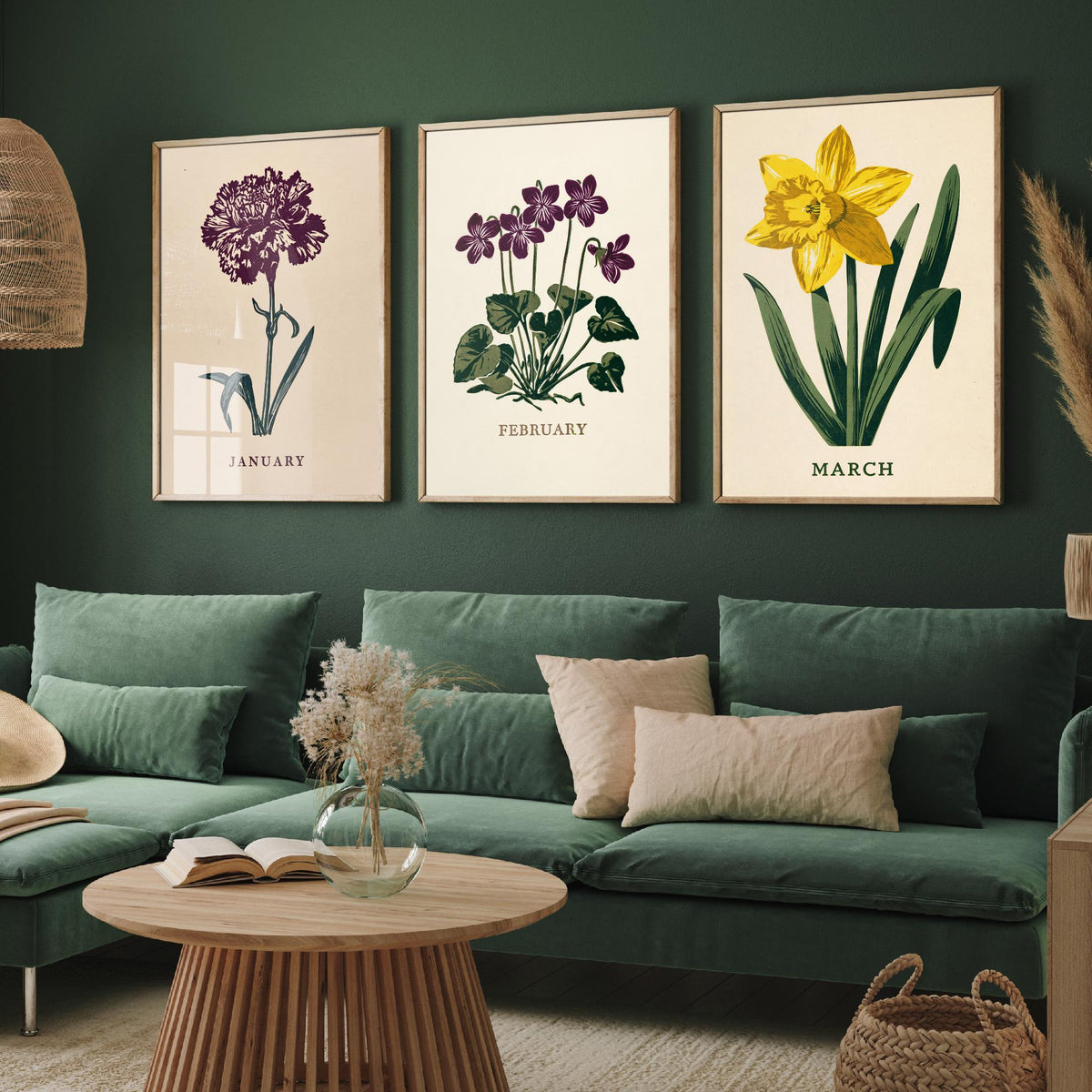 January to March Birth Flower Set of Three Art Prints - Carnation, Violet, Daffodil - Bold Block Print Botanical Illustration Posters