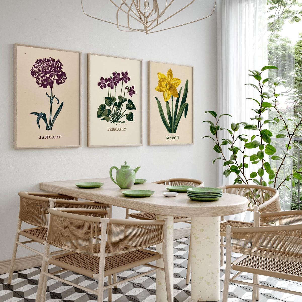 January to March Birth Flower Set of Three Art Prints - Carnation, Violet, Daffodil - Bold Block Print Botanical Illustration Posters