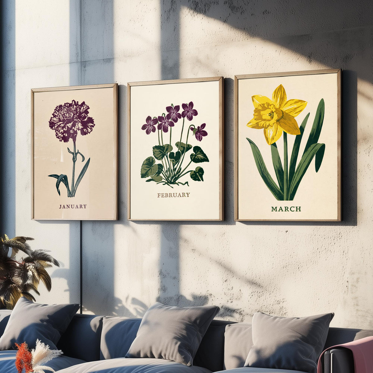 January to March Birth Flower Set of Three Art Prints - Carnation, Violet, Daffodil - Bold Block Print Botanical Illustration Posters
