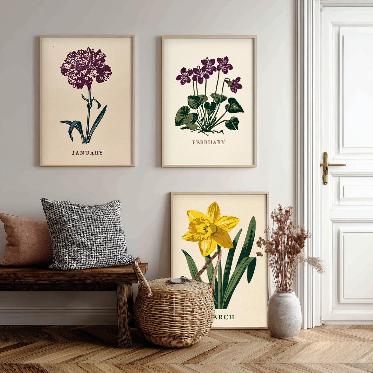 January to March Birth Flower Set of Three Art Prints - Carnation, Violet, Daffodil - Bold Block Print Botanical Illustration Posters