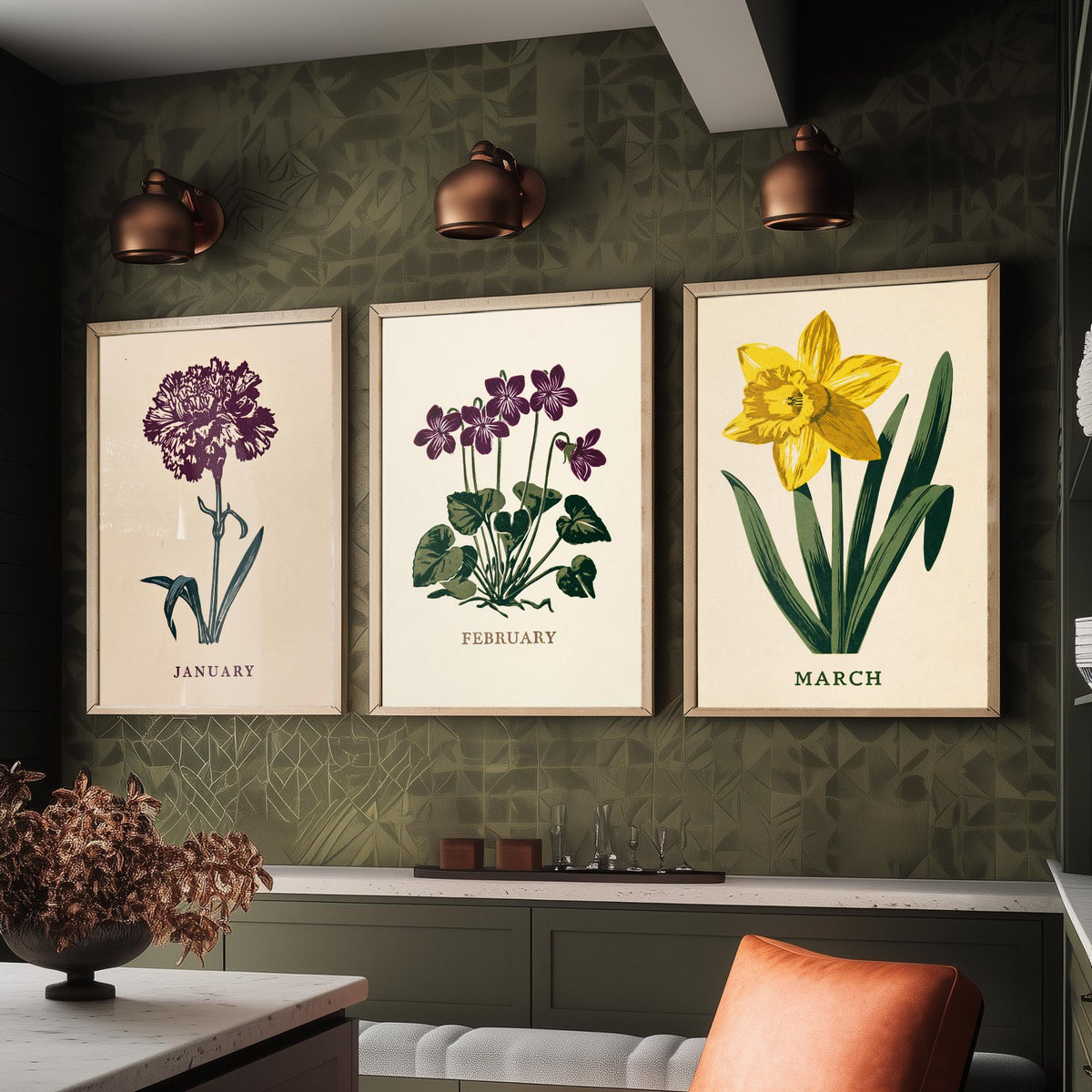 January to March Birth Flower Set of Three Art Prints - Carnation, Violet, Daffodil - Bold Block Print Botanical Illustration Posters