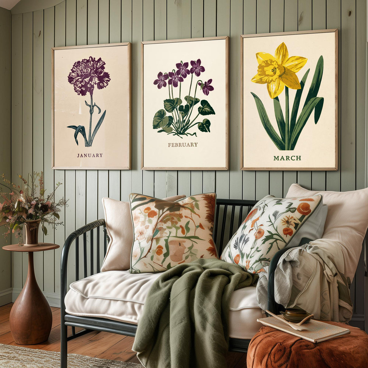 January to March Birth Flower Set of Three Art Prints - Carnation, Violet, Daffodil - Bold Block Print Botanical Illustration Posters