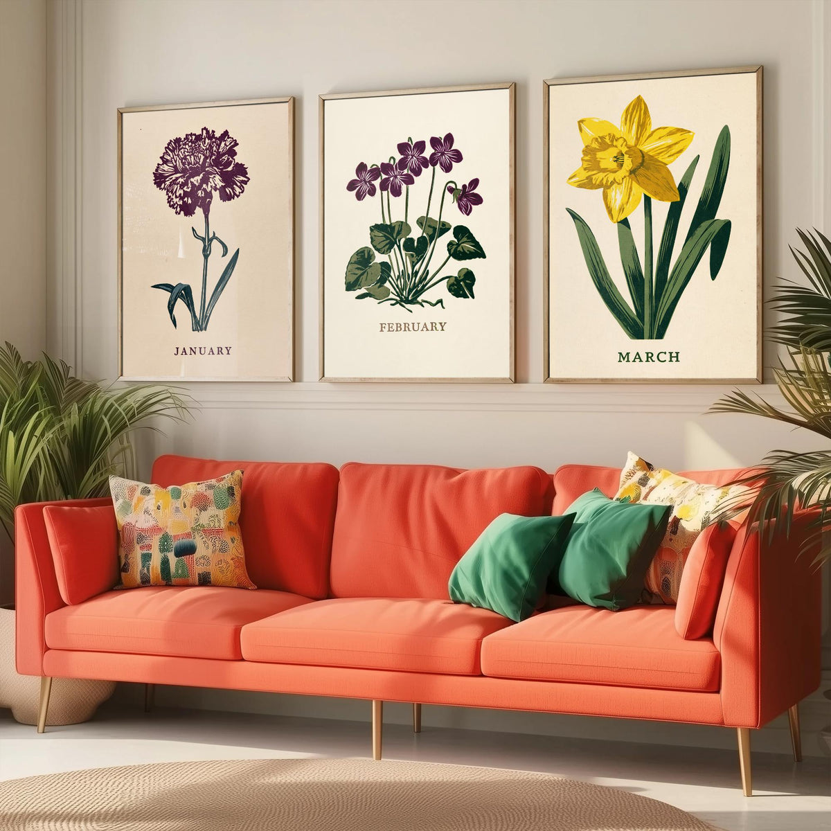 January to March Birth Flower Set of Three Art Prints - Carnation, Violet, Daffodil - Bold Block Print Botanical Illustration Posters