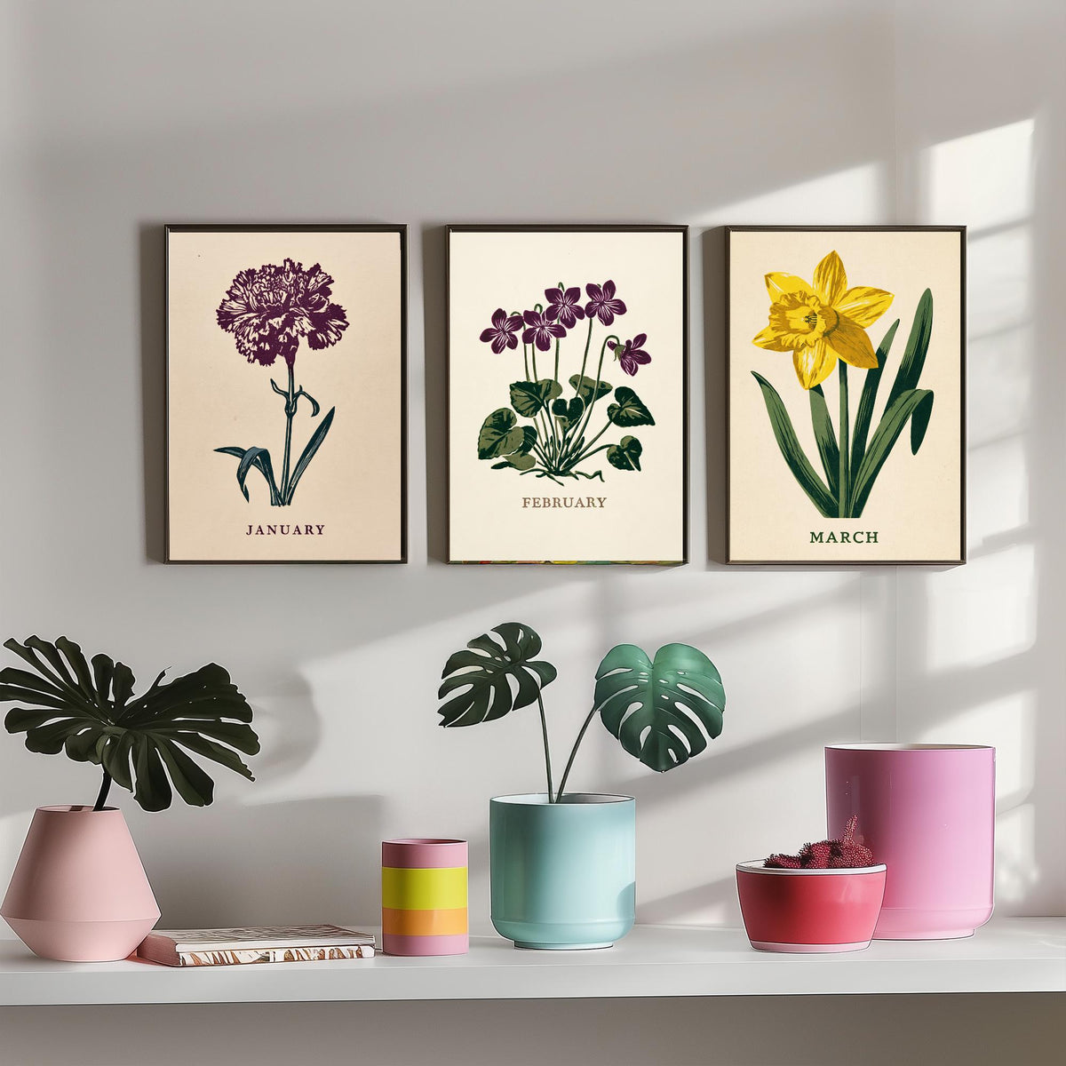 January to March Birth Flower Set of Three Art Prints - Carnation, Violet, Daffodil - Bold Block Print Botanical Illustration Posters