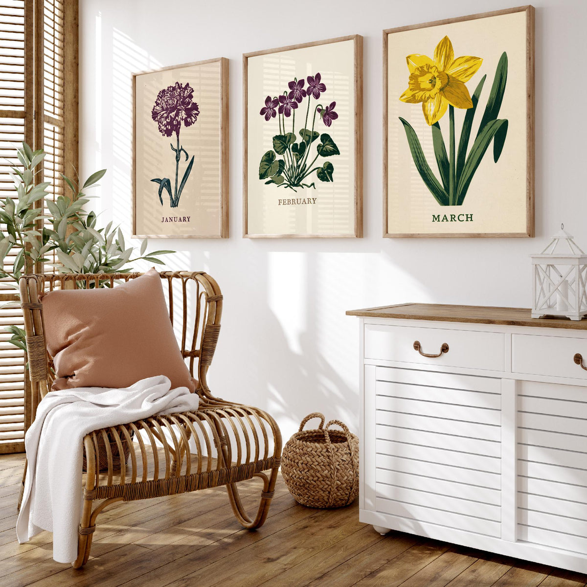 January to March Birth Flower Set of Three Art Prints - Carnation, Violet, Daffodil - Bold Block Print Botanical Illustration Posters