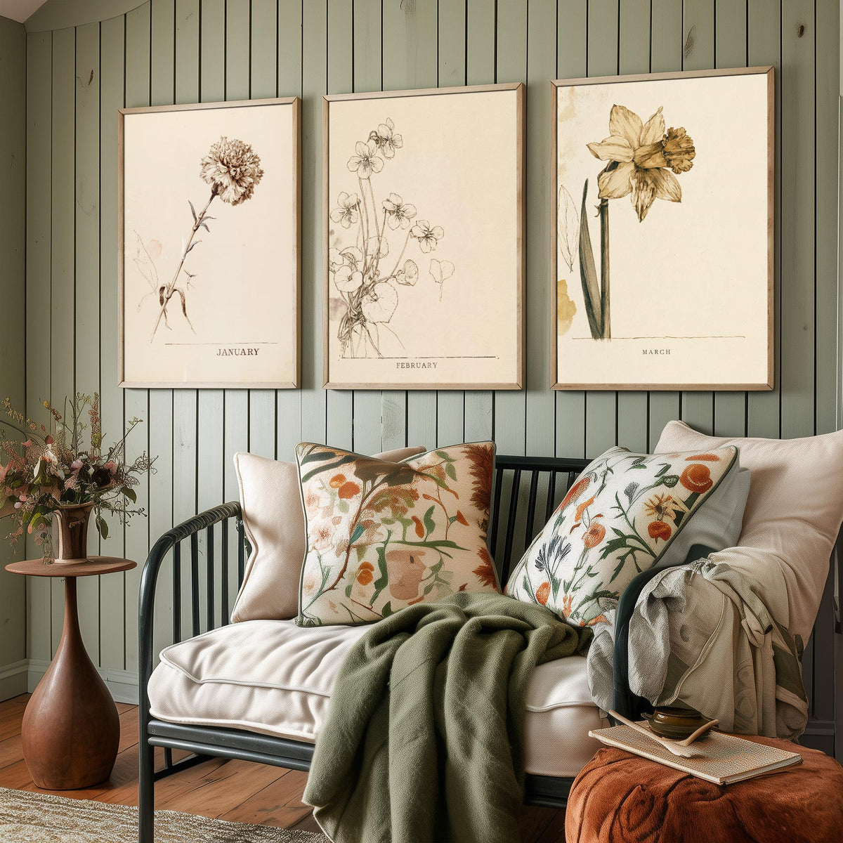 January to March Birth Flower Set of Three Art Prints - Carnation, Violet, Daffodil - Antique Sepia Ink Botanical Illustration Posters
