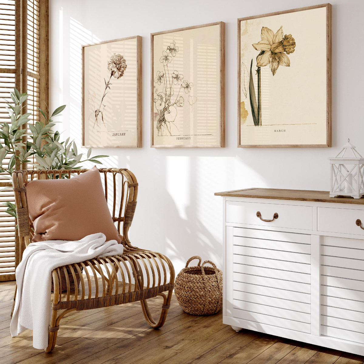 January to March Birth Flower Set of Three Art Prints - Carnation, Violet, Daffodil - Antique Sepia Ink Botanical Illustration Posters
