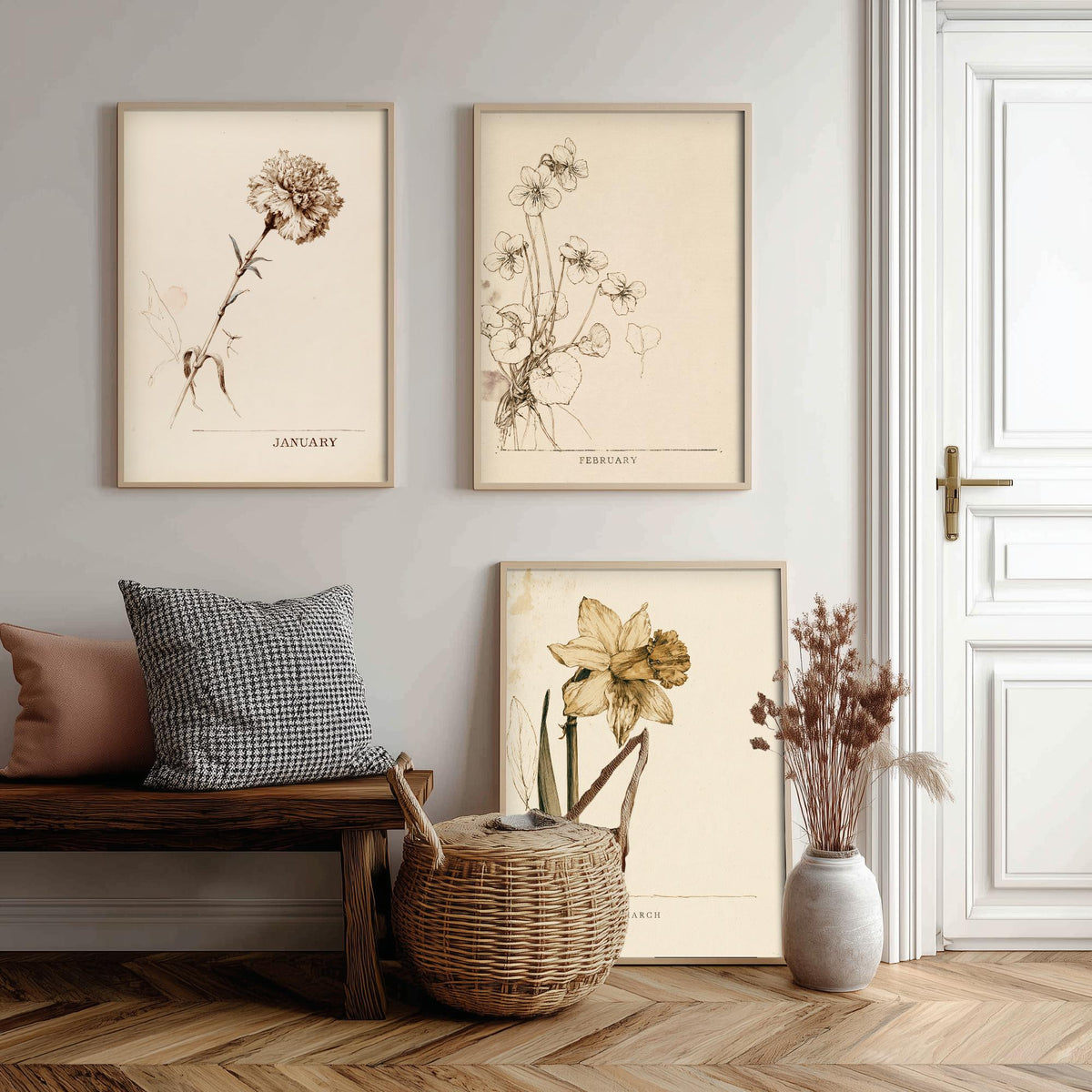 January to March Birth Flower Set of Three Art Prints - Carnation, Violet, Daffodil - Antique Sepia Ink Botanical Illustration Posters