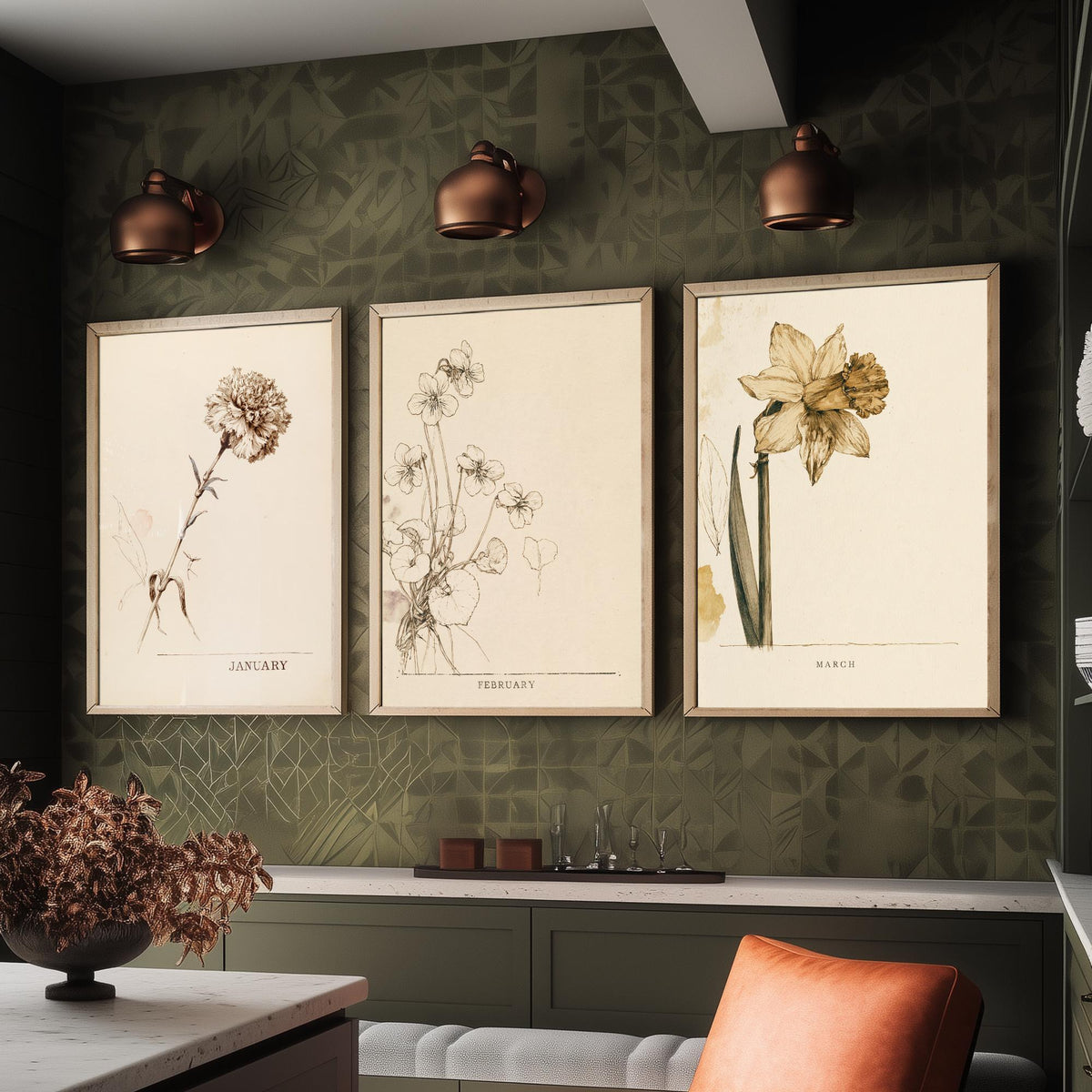January to March Birth Flower Set of Three Art Prints - Carnation, Violet, Daffodil - Antique Sepia Ink Botanical Illustration Posters
