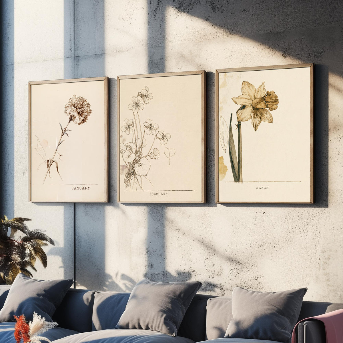 January to March Birth Flower Set of Three Art Prints - Carnation, Violet, Daffodil - Antique Sepia Ink Botanical Illustration Posters