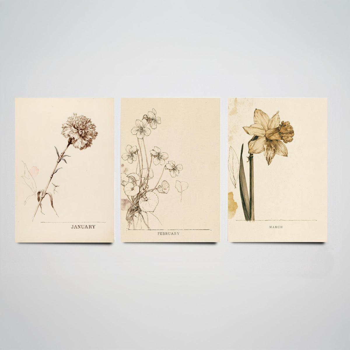 January to March Birth Flower Set of Three Art Prints - Carnation, Violet, Daffodil - Antique Sepia Ink Botanical Illustration Posters