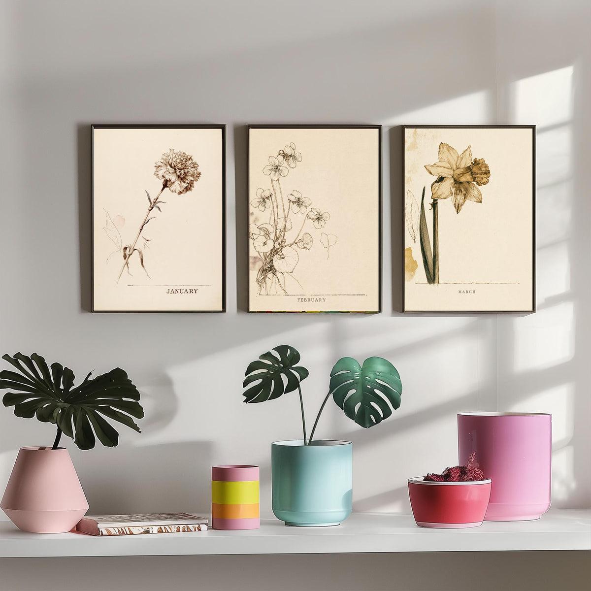 January to March Birth Flower Set of Three Art Prints - Carnation, Violet, Daffodil - Antique Sepia Ink Botanical Illustration Posters