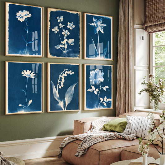 January to June Birth Flower Set of Six Art Prints - 6 Blue Cyanotype Botanical Illustration Posters - Carnation to Rose