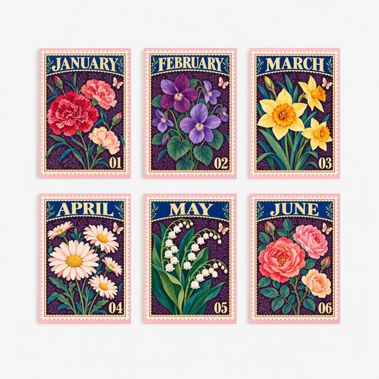 January to June Birth Flower Set of Six Art Prints - 6 Vintage Postage Stamp Botanical Illustration Posters - Carnation to Rose