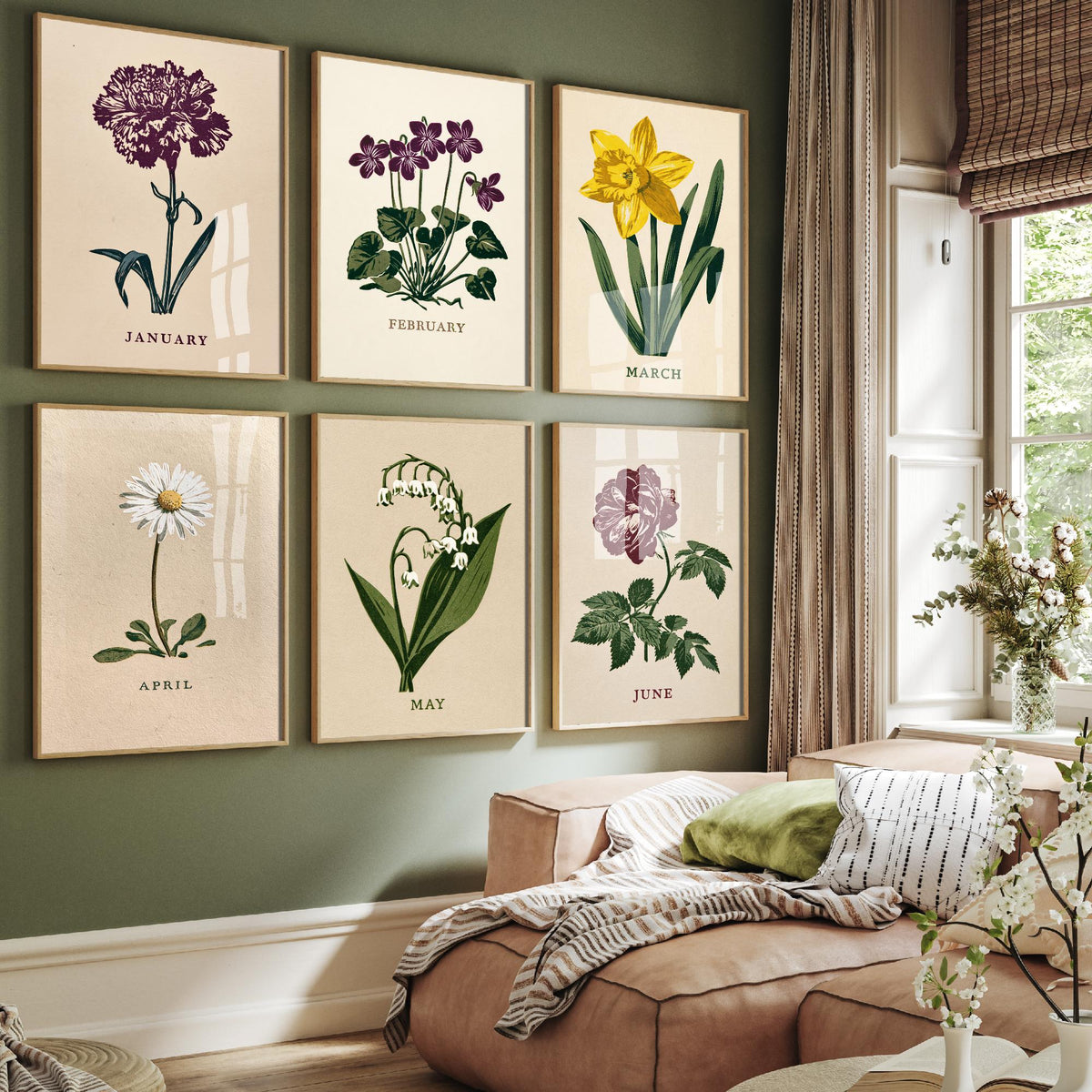 January to June Birth Flower Set of Six Art Prints - 6 Bold Block Print Botanical Illustration Posters - Carnation to Rose