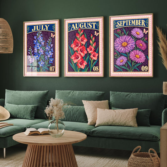 July to September Birth Flower Set of Three Art Prints - Larkspur, Gladiolus, Aster - Vintage Postage Stamp Botanical Illustration Posters