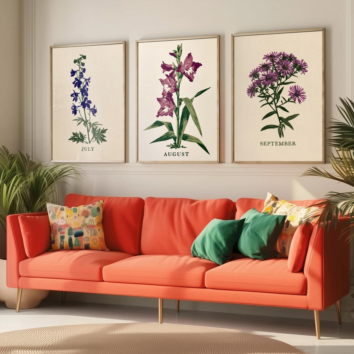 July to September Birth Flower Set of Three Art Prints - Larkspur, Gladiolus, Aster - Bold Block Print Botanical Illustration Posters