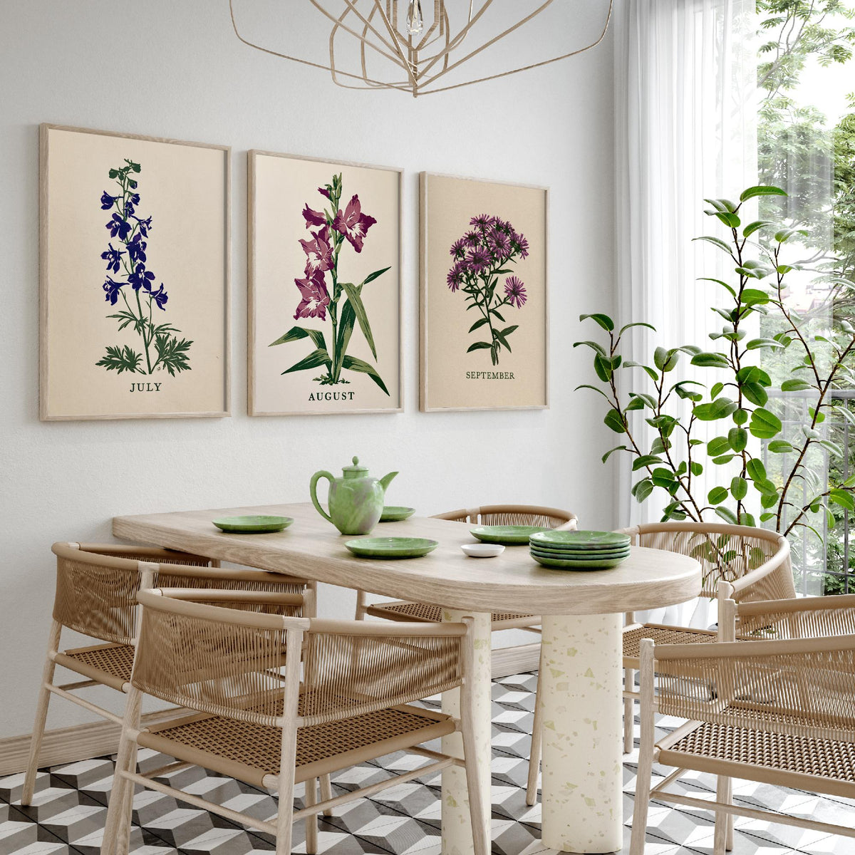 July to September Birth Flower Set of Three Art Prints - Larkspur, Gladiolus, Aster - Bold Block Print Botanical Illustration Posters
