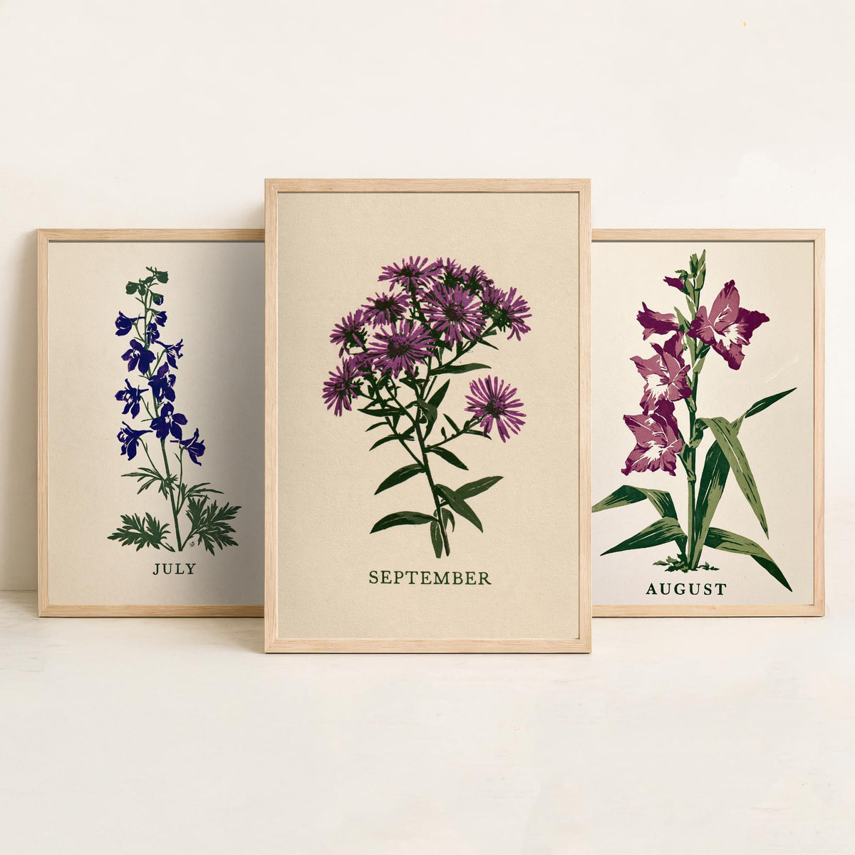 July to September Birth Flower Set of Three Art Prints - Larkspur, Gladiolus, Aster - Bold Block Print Botanical Illustration Posters