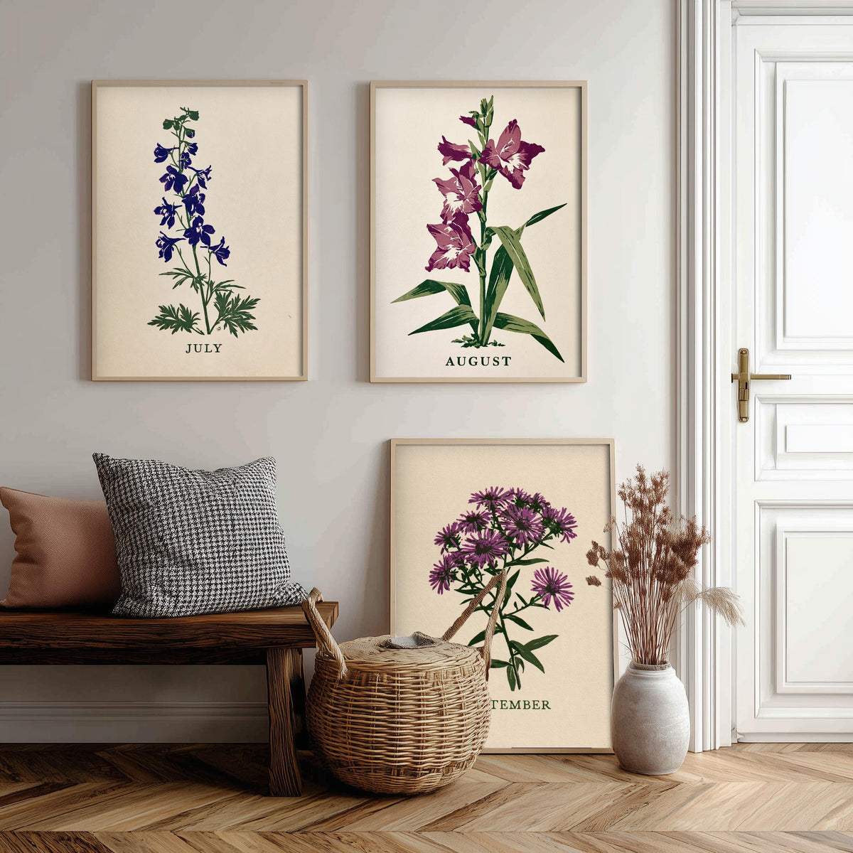 July to September Birth Flower Set of Three Art Prints - Larkspur, Gladiolus, Aster - Bold Block Print Botanical Illustration Posters