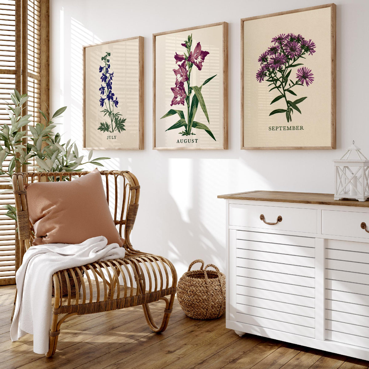 July to September Birth Flower Set of Three Art Prints - Larkspur, Gladiolus, Aster - Bold Block Print Botanical Illustration Posters