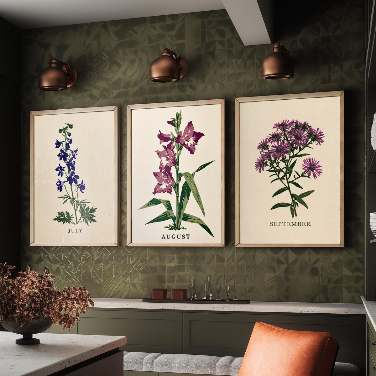 July to September Birth Flower Set of Three Art Prints - Larkspur, Gladiolus, Aster - Bold Block Print Botanical Illustration Posters