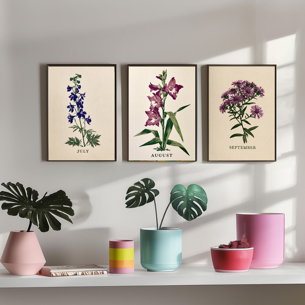 July to September Birth Flower Set of Three Art Prints - Larkspur, Gladiolus, Aster - Bold Block Print Botanical Illustration Posters