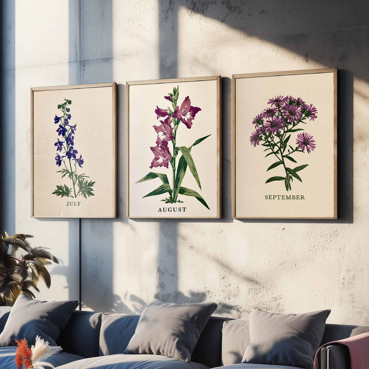 July to September Birth Flower Set of Three Art Prints - Larkspur, Gladiolus, Aster - Bold Block Print Botanical Illustration Posters
