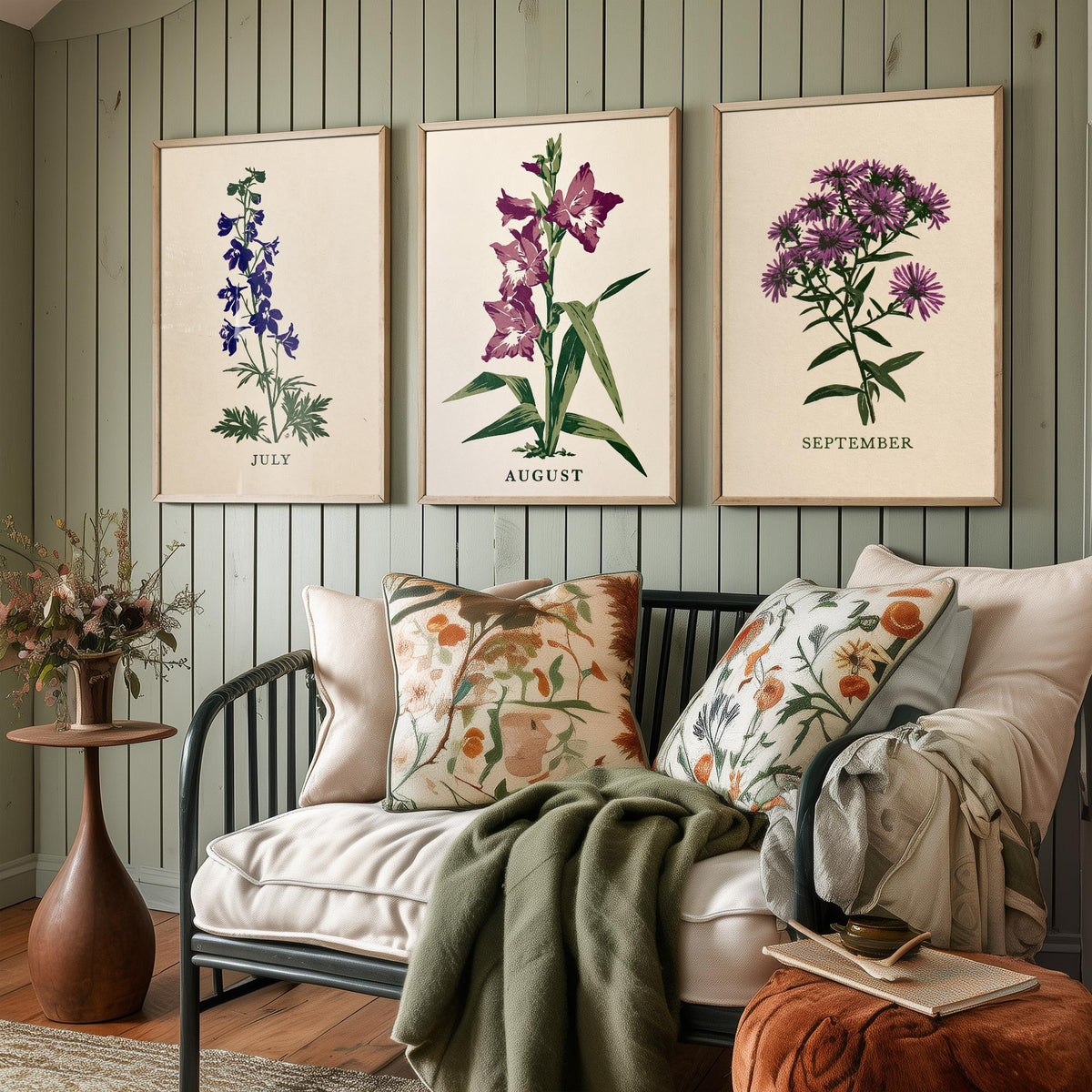 July to September Birth Flower Set of Three Art Prints - Larkspur, Gladiolus, Aster - Bold Block Print Botanical Illustration Posters