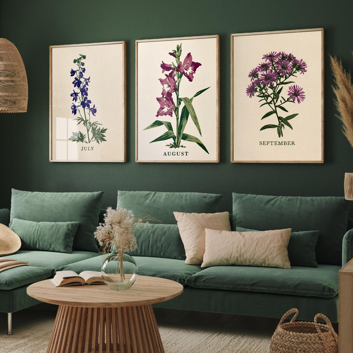 July to September Birth Flower Set of Three Art Prints - Larkspur, Gladiolus, Aster - Bold Block Print Botanical Illustration Posters