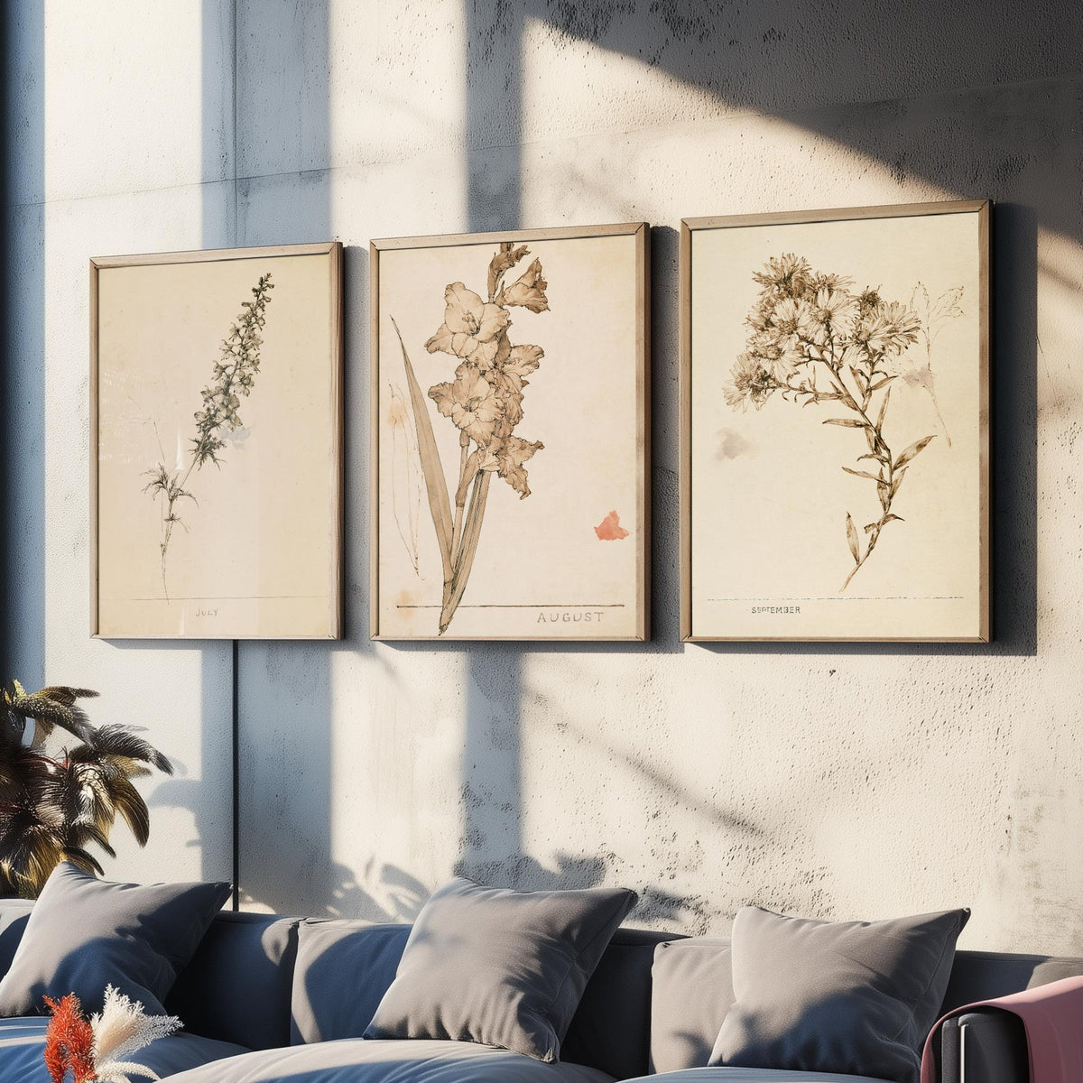July to September Birth Flower Set of Three Art Prints - Larkspur, Gladiolus, Aster - Antique Sepia Ink Botanical Illustration Posters