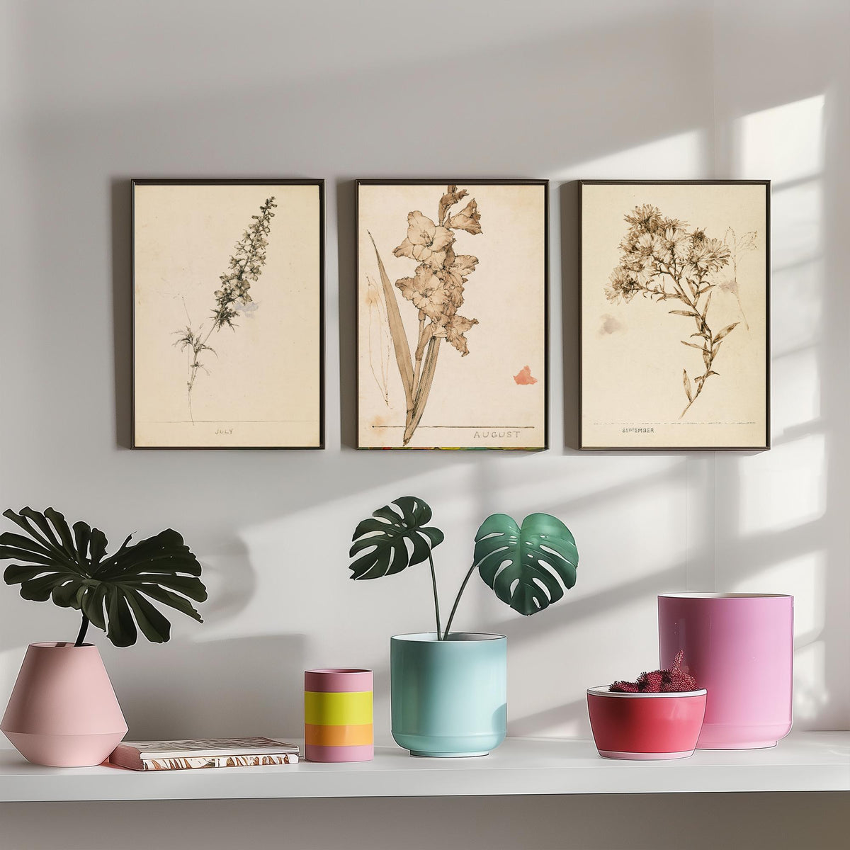 July to September Birth Flower Set of Three Art Prints - Larkspur, Gladiolus, Aster - Antique Sepia Ink Botanical Illustration Posters