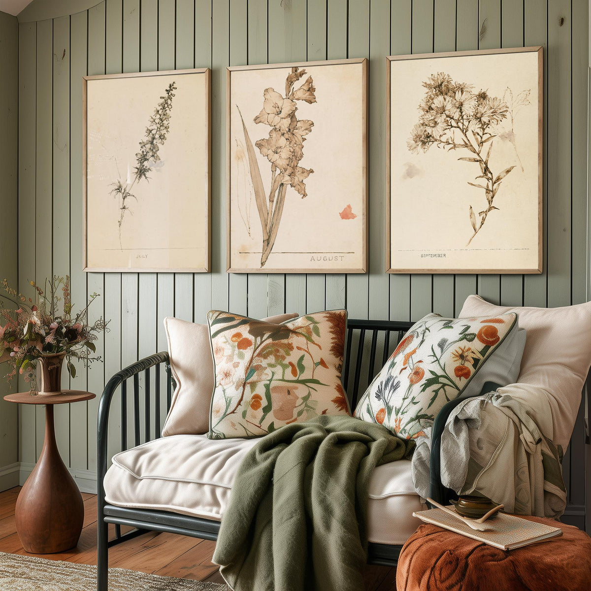 July to September Birth Flower Set of Three Art Prints - Larkspur, Gladiolus, Aster - Antique Sepia Ink Botanical Illustration Posters
