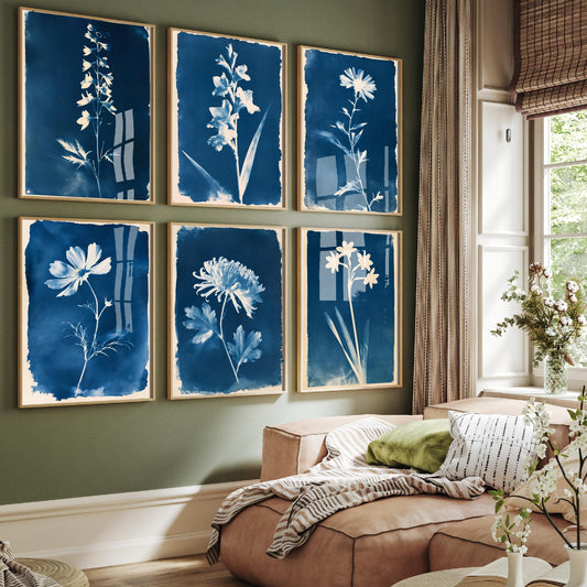 July to December Birth Flower Set of Six Art Prints - 6 Blue Cyanotype Botanical Illustration Posters - Larkspur to Narcissus