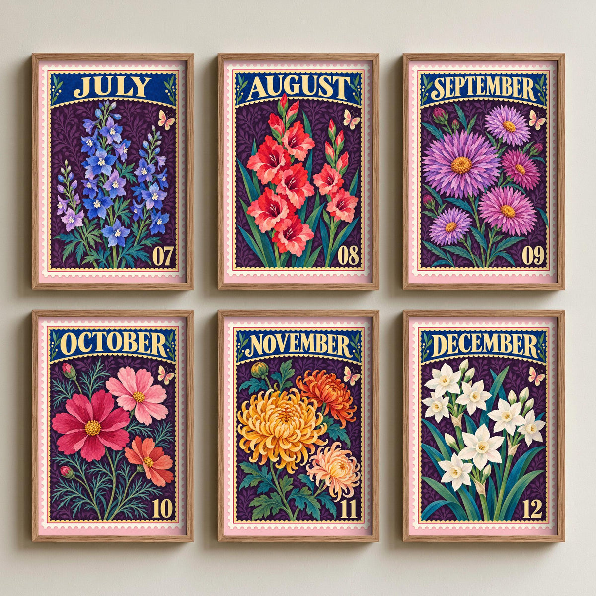 July to December Birth Flower Set of Six Art Prints - 6 Vintage Postage Stamp Botanical Illustration Posters - Larkspur to Narcissus