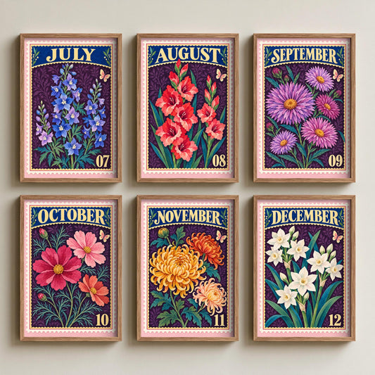 July to December Birth Flower Set of Six Art Prints - 6 Vintage Postage Stamp Botanical Illustration Posters - Larkspur to Narcissus