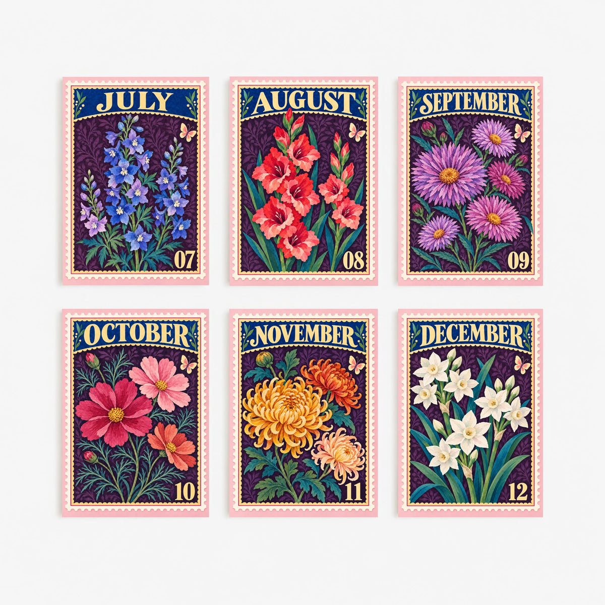 July to December Birth Flower Set of Six Art Prints - 6 Vintage Postage Stamp Botanical Illustration Posters - Larkspur to Narcissus